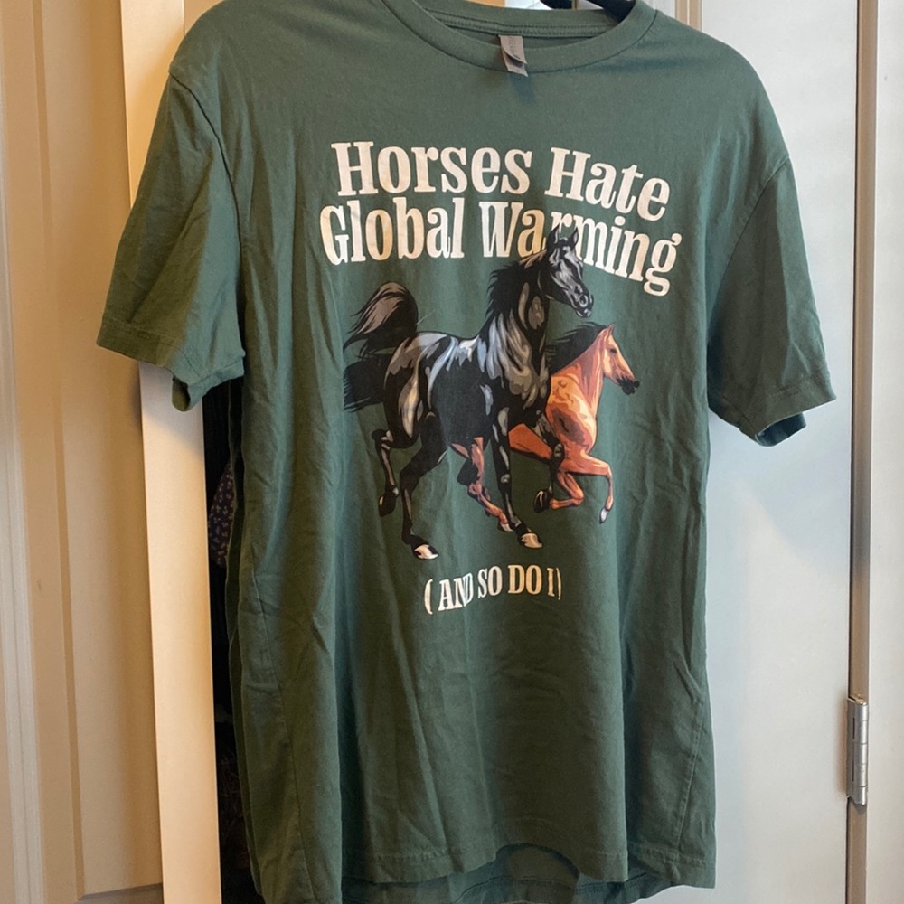 Green graphic tee horses hate global warming